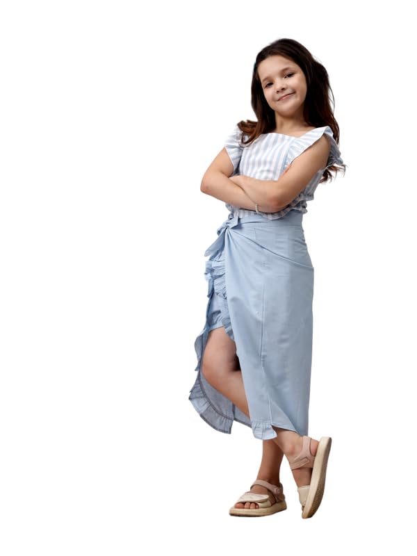 pure cotton sleeveless Square Neck Stripes top and shorts with Sarong clothing set - Sky Blue-image-24