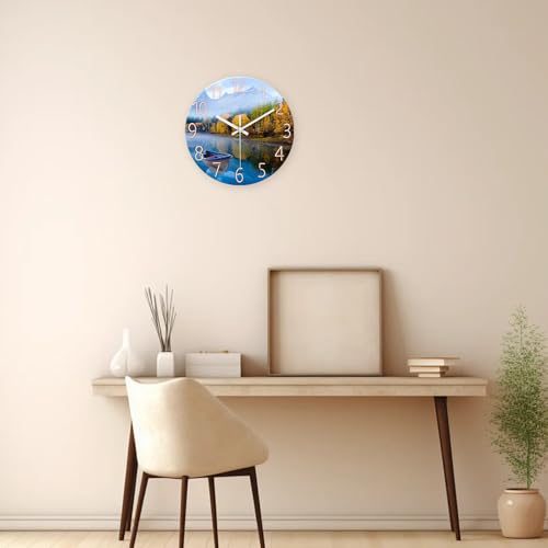 Image of XFM Natural Landscape Wall Clock 12 Inch Lake Boat | Silent Non-Ticking Battery Operated Modern Glass Nature Decorative for Living Room Kitchen Bedroom Office