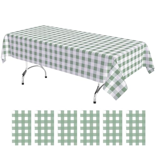 KAshack 6 Pack Green White Gingham Plastic Tablecloth, 54" x 108"