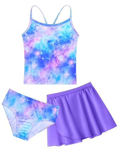 Image of Girls Swimsuit 3 Piece Sleeveless Bathing Suit Sets with Skirt Swimwear Rash Guard for Kids Beach UPF 50+ Sun Protection