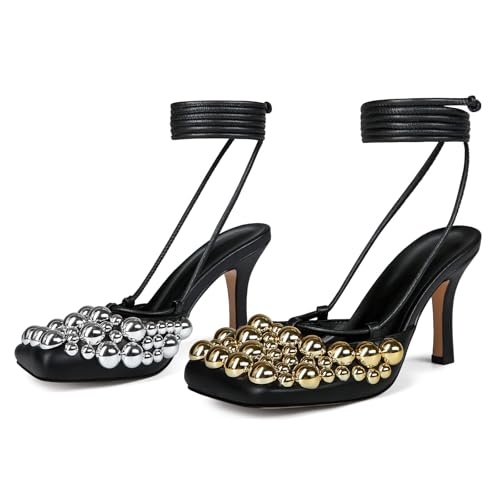 Saint Leia Women's 4IN High Heel Sandals Nude Stiletto Pumps with Gold Silver Pearls Heels for Weddings Parties and Evening Wear