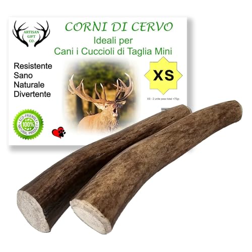 ARTISAN GIFT CO Corno di Cervo per Cani, Osso per cani da Masticare 100% Naturale, peso minimo Confezione 70gr. (XS - 2 pz.)