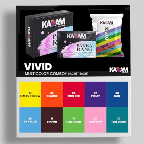 Kadam Pakka Rang Fabric Dye for Clothes, Multicolour Combo (C1: Vivid- Lemon Yellow, Orange, Red, Violet, Blue, Sky Blue, Brown, Parrot Green, Baby Pink, Teal Green), DyFix Color Fixer Liquid (Image - 1)