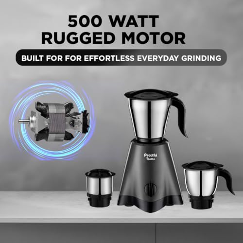 Image of Preethi Tiara 500 Watts Mixer Grinder, 3 Jars (Stainless Steel), Perfect for Grinding Masalas, Chutneys and Purees, 2 Year Warranty, Lifelong Free Service, Black
