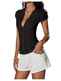 Milumia Women's Deep V Neck Button Down Shirt Textured Collared Cap Sleeve Going Out Blouse Tops Black Medium