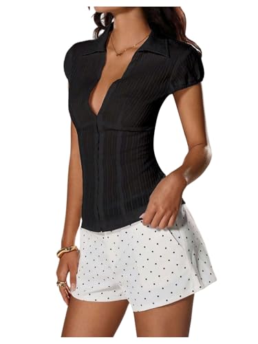Milumia Women's Deep V Neck Button Down Shirt Textured Collared Cap Sleeve Going Out Blouse Tops Black Large