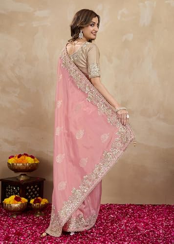 Image of TRENDMALLS Women's Jacquard Silk Embroidery With Sequin Work Saree with Unstitch Blouse Piece For Women