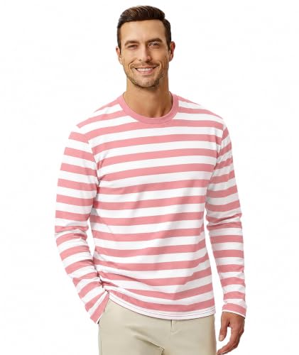Image of KESIHAN Mens Striped Long Sleeve Shirt Crewneck Casual Basic Stripe Tee | Crewneck long sleeve striped tee with cotton spandex fabric,casual regular fit basic style for daily wear and layering.