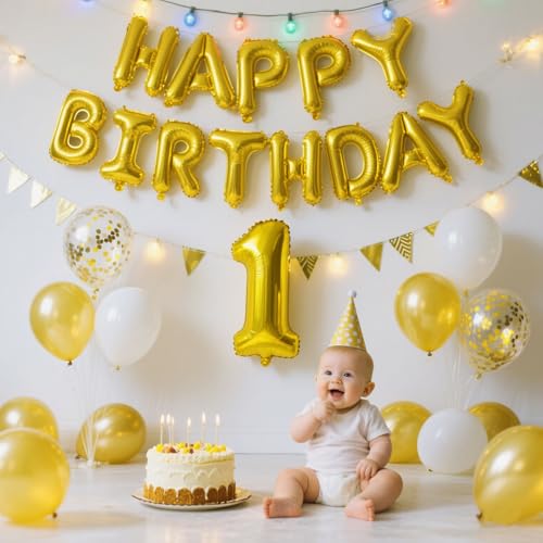 Image of Gold Happy Birthday Balloon Banner Set -16 Inch Foil Letters Balloons, Reusable Birthday Decorations and Party Supplies, Suitable for Men and Women's Birthday Decorations,Party Backdrop