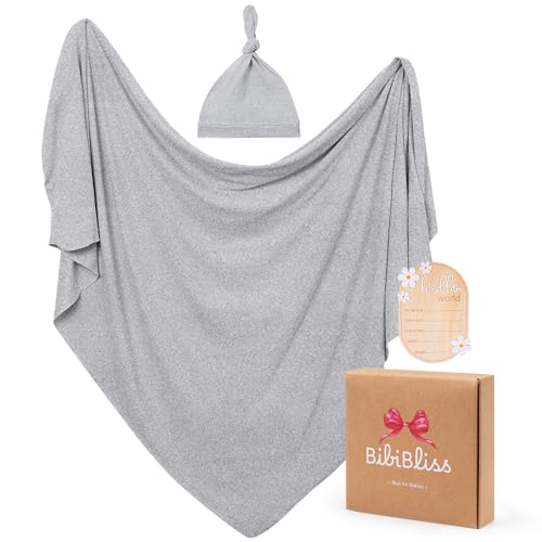 Image of Stretchy Swaddle Blanket for Newborns with Hat & Hello World Card-Soft Baby Swaddles 0-3 Months,47 inchx 47 inchSupersoft Swaddle Blanket,Receiving Blanket for Boys & Girls (Mix Grey)