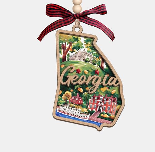 Moonlit93 Georgia State Christmas Wooden Ornament - 2-Layer Laser-Cut Wooden Keepsake - Rustic Holiday Decor & Ideal Travel Gift for Women Men Family & Friends - Georgia Locals Gift