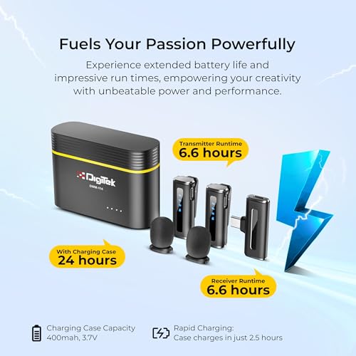 Image of Digitek DWM-114 2-in-1 Wireless Microphone, 2.4GHz, 6.6Hr Battery, Noise Reduction, 40m Range, 360 Sound Capture, Plug n Play, iPhone & Android Compatible, for Video Recording, Interview, Vlogging!