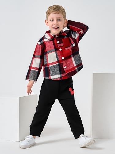 Toddler Boy Clothes Button Down Plaid Sweatshirt Pants 2PCS Boy Winter Fall Outfits Set3