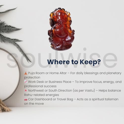 Image of SOULWISE Gomedh Ganesha Idol Hand Carved Hessonite Garnet Stone Decorative Figurine for Home Temple Spiritual Decor and Festive Gifting