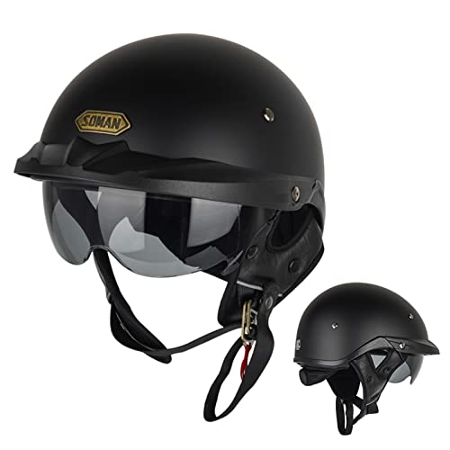 Casque Ouvert D'été Vintage avec Visière Demi-Coque Casque de Moto Homme et Femme Casque Moto Demi Jet Vintage Homologué ECE/DOT Cruiser Chopper Casque de Cyclomoteur Matte Black,XXXL