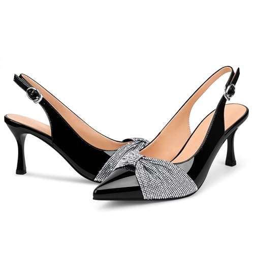 Women's Pointed Toe Slingback High Heels with Rhinestone Bow Patent Leather Dress Shoes for Party & Work4