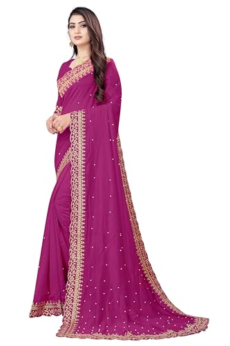 Fashion Day Women's Georgette Silk Embroidery Border Saree with Heavy Work Blouse Piece (1159-D-Magenta)