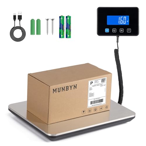 MUNBYN Shipping Scale, 440lb/1.8oz Digital Postal Scale for Packages with Hold/Tare Function, Backlit LCD, Battery & Cable Included, Postage Scale for Small Business, Packages, Luggage, and Home Use