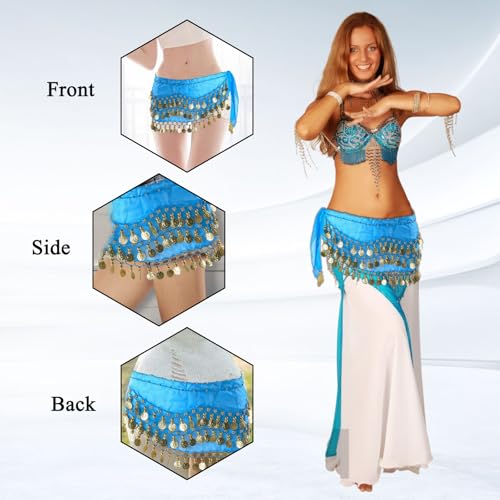 2 Pcs of Belly Dance Hip Scarf, Hip Scarf for Belly Dancing, with 3 Layers of Sequin Coins, Lightweight Chiffon Material, Suitable for Dancing, Daily Practice, Etc. (Black + Blue)3