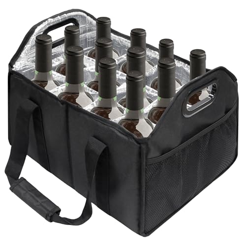 12 Bottle Wine Carrier Collapsible Bottle Caddy with Handles Storage Box for Travel Picnics Weddings Shopping Wine Tasting (Black)