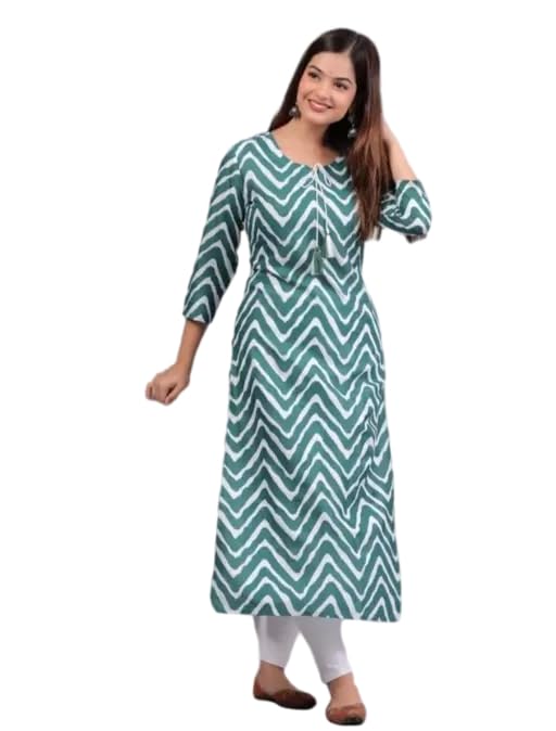 Image of Women's Round Neck Wave Printed Dark Green Regular Fit 3 /4th Sleeves Kurti