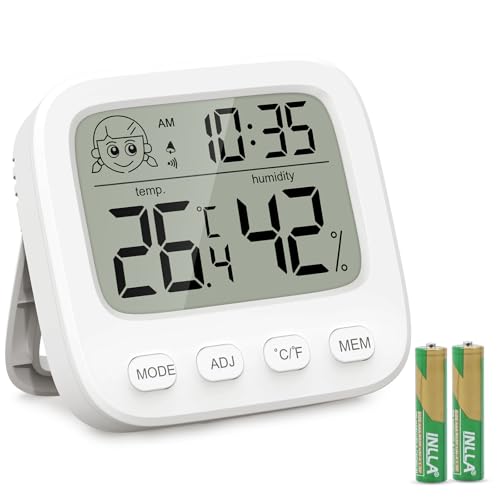 Brifit Mini Thermometer Hygrometer mit Wecker, Mini Raumthermometer innen mit Datumsanzeige und Raumklima-Indikator, Max/Min, Hydrometer Feuchtigkeit digital für Babyzimmer Wohnzimmer Büro Gewächshaus Brifit Mini Thermometer Hygrometer mit Wecker, Mini Raumthermometer innen mit Datumsanzeige und Raumklima-Indikator, Max/Min, Hydrometer Feuchtigkeit digital für Babyzimmer Wohnzimmer Büro Gewächshaus