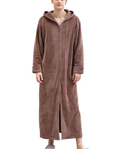 Letuwj Men's Fleece Hooded Full Length Robe Plush Collar Shawl Zipper Front Bathrobe