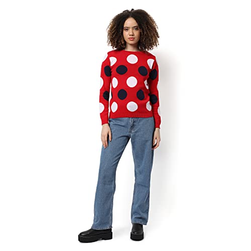 Image of Campus Sutra Women Red Polka Dot Regular Fit Sweater for Winter Wear | Round Neck | Full Sleeve | Woolen Sweater | Casual Jacket for Woman & Girl | Western Stylish Jacket for Women