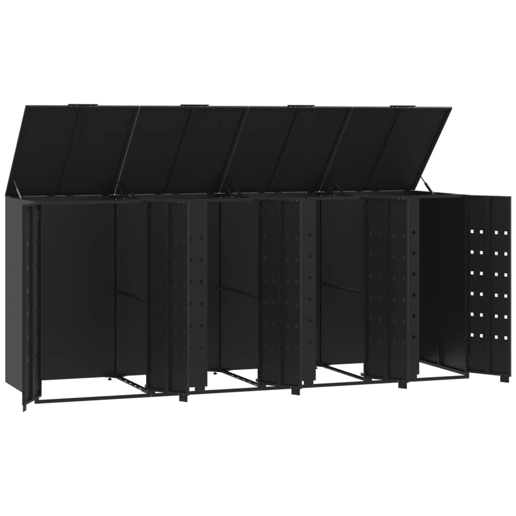 Cobertizo de almacenamiento para 4 cubos de acero, resistente a la intemperie y resistente, para jardín, cubo de basura, cobertizo de almacenamiento con puertas de bloqueo, tapa de elevación asistida