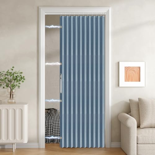 Jilron 100% Blackout Fabric Folding Door Curtain with Magnetic Closure - Accordion Style for Sliding Doors, Closets,Wardrobe and Temporary Door Solutions Doorway Curtains（W42 x L78, Blue 1 Panel）