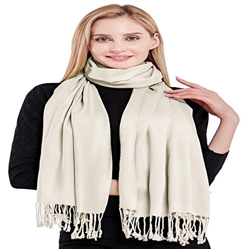 CJ Apparel Cream Ivory Off White Solid Color Tassels Design Nepalese Shawl Seconds Scarf Wrap Stole Throw Head Wrap Pashmina Hand Made in Nepal New Pashmina New4