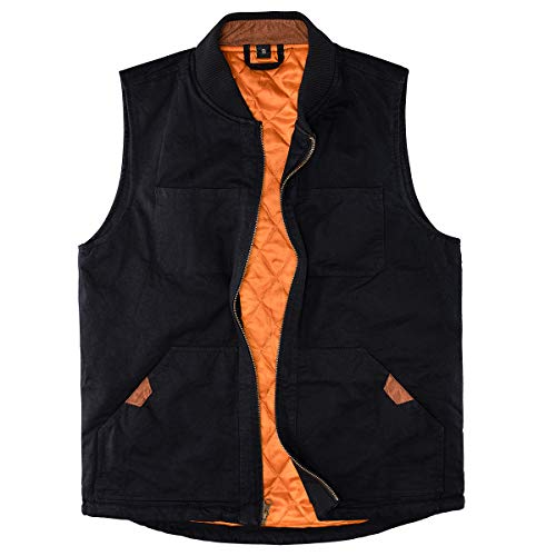 Lisskolo Men's Quilted Lined Vest Washed Canvas Winter Warm Outdoor Hunting Work Utility Travel Vest Jacket Black X-Large
