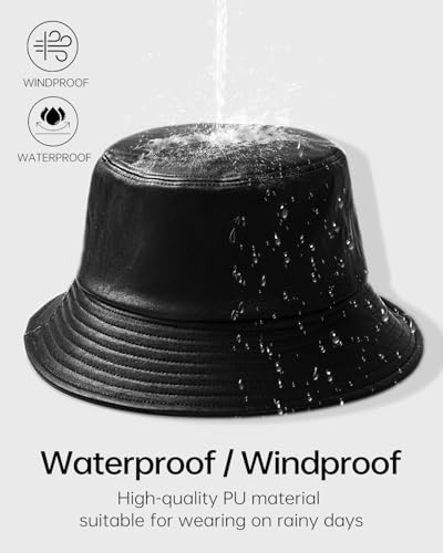 Image of Zylioo XXL PU Leather Bucket Hat for Big Heads, Large Waterproof Floppy Brim Travel Hat with Thin Fleece Lining Packable