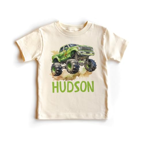 Custom Green Monster Truck Shirt - Personalized Kids Name Birthday Outfit For Boys & Girls - Natural Toddler Youth Tee