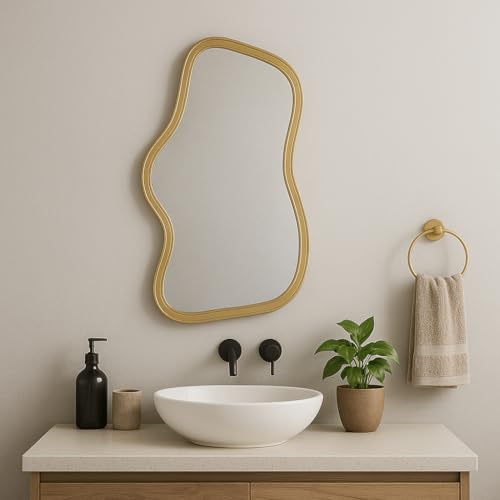 Espelho Decorativo Orgânico 26x41 cm com Moldura Estilosa – Design Moderno para Banheiro, Quarto e Sala (1, Dourado)