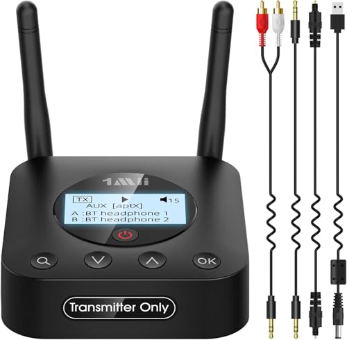 1Mii B06TX+ Transmisor Bluetooth 5.3 para TV, Adaptador Bluetooth Audio Entrada Óptica/AUX/Coaxial con Pantalla Fácil de Conectar con 2 Auriculares, Control de Volumen, aptX LL/HD, Largo Alcance