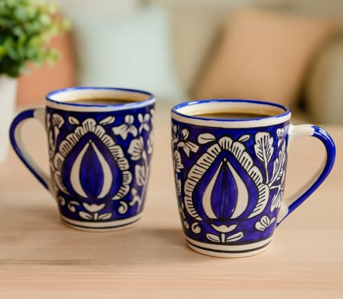 Image of Saras Aajeevika 2 Pc Hut Handpainted Ceramic Coffee Mug - 330ml Handmade Tea /Milk Mug Cup Set for Kitchen Glossy Finish Kids Glass Drinkware -Mircowave & Dishwasher Safe Ideal for (Design 8)