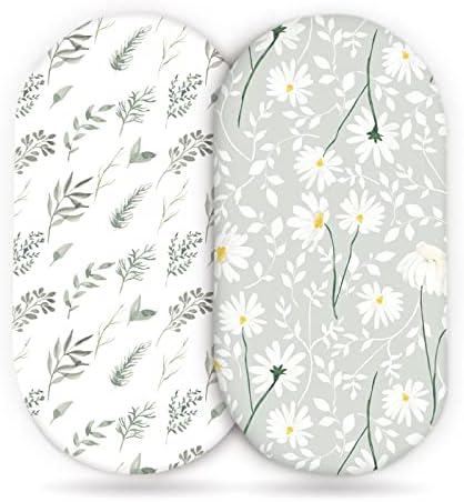 GRSSDER Stretchy Ultra Soft Fitted Bassinet Sheet Set 2 Pack, Universal Fit for Bassinets Baby Cradle Moses Basket Oval Rectangle Mattress, Watercolor Daisy Flowers Bassinet Sheets for Girls
