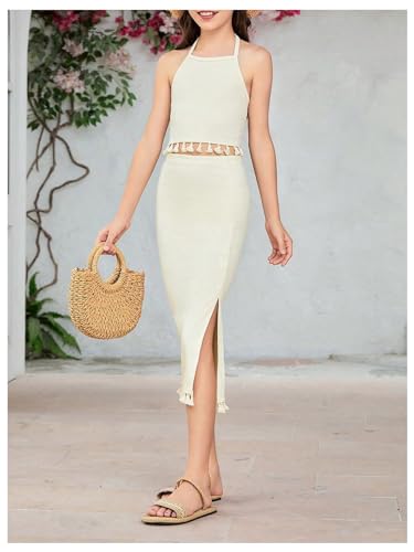 Image of SHENHE Girl's 2 Piece Summer Clothes Tassel Halter Crop Top and Slit Midi Skirt Set Vacation Outfits