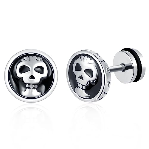 feilok Pendientes masculinas con pendientes redondos de cabeza de esqueleto punk pendientes femeninas de acero inoxidable y plata