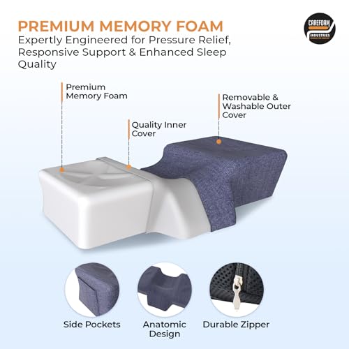 Image of CareFoam Anatomic Memory Foam Pillow | Ergonomic Contour Design | Cervical Neck Support for Sleeping | Comfort | Orthopedic Pillow with 2-Year Warranty | Standard Size | Blue Melange Washable Cover