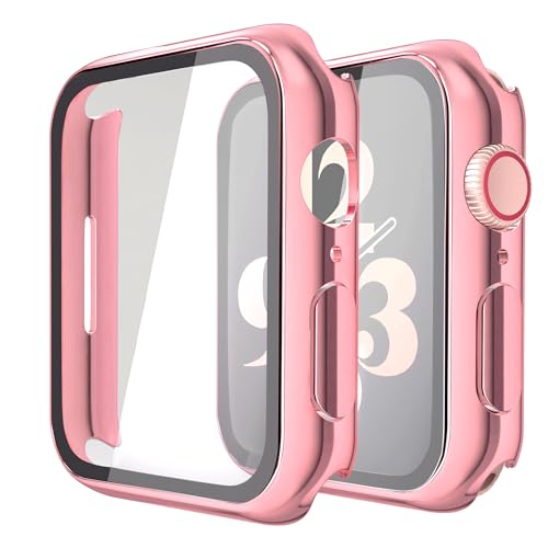 Image of Misxi 2 Pack Hard PC Case with Tempered Glass Screen Protector Compatible with Apple Watch Series 9 (2023) Series 8 Series 7 41mm, Ultra-Thin Cover for iWatch S9 /S8 /S7, 1 Rose Pink + 1 Transparent