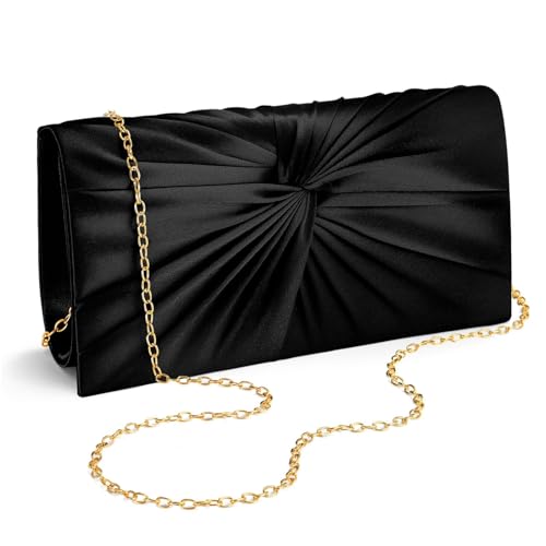 XquiziFit Evening Satin Purse with Detachable Chain Fomal Clutch Womens Evening Handbags Black