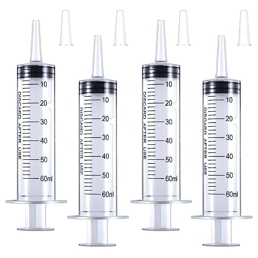4 Pack 60mL Large Syringe for Liquid with Tip Cap, Individually Sterile Sealed Plastic Liquid Syringes with Measurement for Scientific Labs, Measuring Liquids, Feed Pets, Medical Student, Oil or Glue Applicator