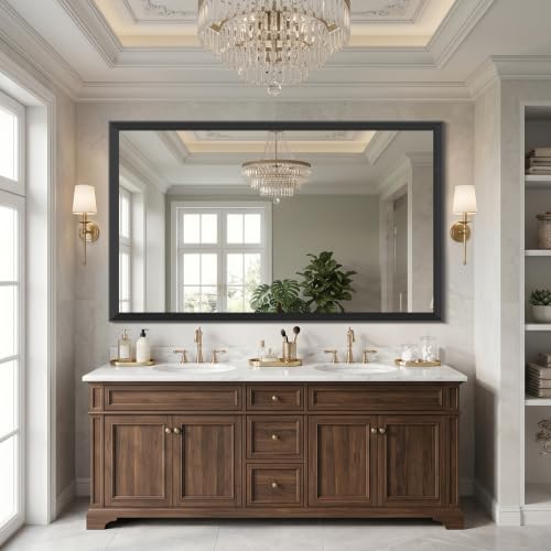 Image of DESBING Large Bathroom Mirror for Over Sink, 60 inch x 36 inch Black Rectangle Bathroom Mirrors for Double Vanity, Metal Ribbed Textured Framed Wall Mirror for Bathroom, Living Room, Bedroom,Dressing Room