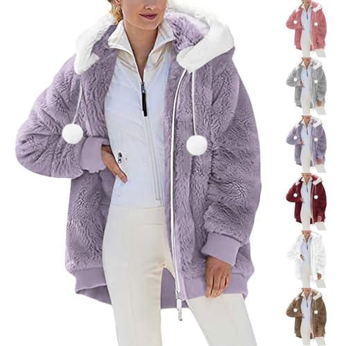 Womens Fleece Jacket Winter Warm Oversized Shaggy Sherpa Coats Plus Size Long Sleeve Zip Up Soft Hooded Outerwear