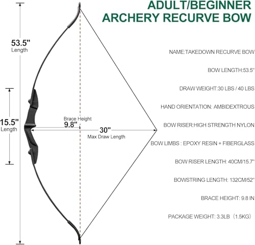 Recurve-Bogen-Set mit 8 Pfeilen, 30-40 lb Bogenschießen-Takedown-Bogen für Rechts- und Linkshänder, Anfänger bis Erwachsene (schwarz, Beidhändig, 30, Pfund)