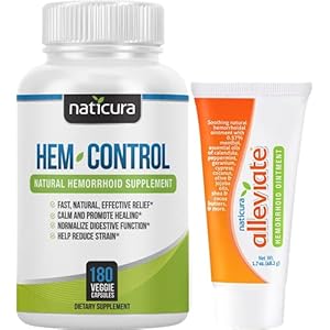 Bundle – Hem-Control Vegan Digestive Support Supplement (180 Count) and Alleviate Natural Hemorrhoid Treatment Cream for Burning, Itching and Swelling (1.7 oz) Plus 2 Travel-Size Tubes