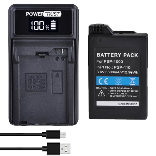 PowerTrust - PowerTrust 3600mAh PSP-1000 Battery and LED USB Charger Compatible with Sony PSP1000 PSP 1000 PSP 1000 1001 Console Battery