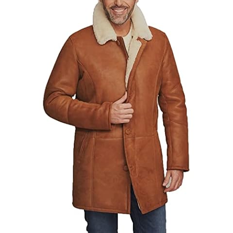 MANYMANY Men's Shearling Sheepskin Suede Jacket Brown Vintage Sherpa Lined Leather Overcoat Fur Collar Cover